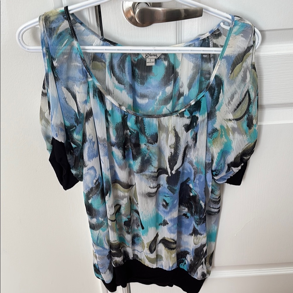 Guess Teal Blue Floral Cold-Shoulder Top